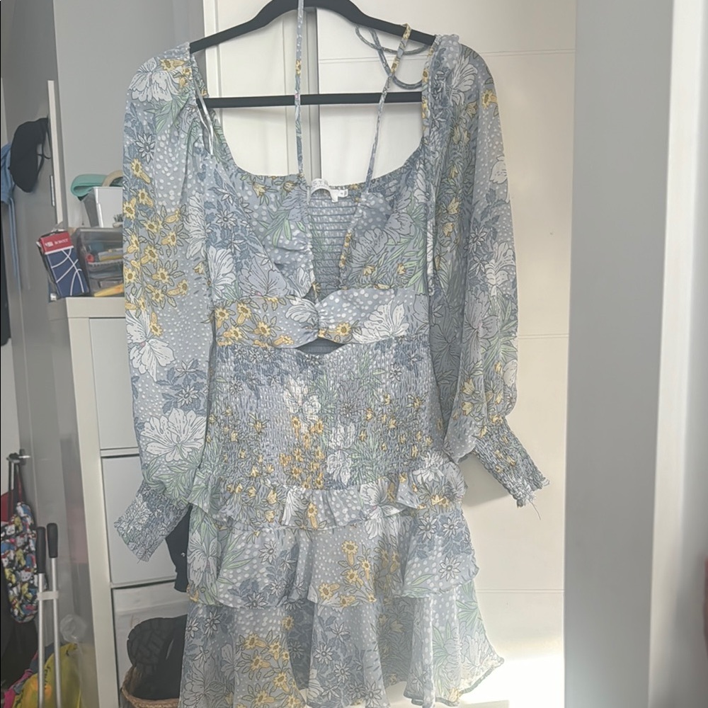 ASTR Marietta Floral Long Sleeve Dress with Ruffle Bust cutout with tie - Picture 2 of 2
